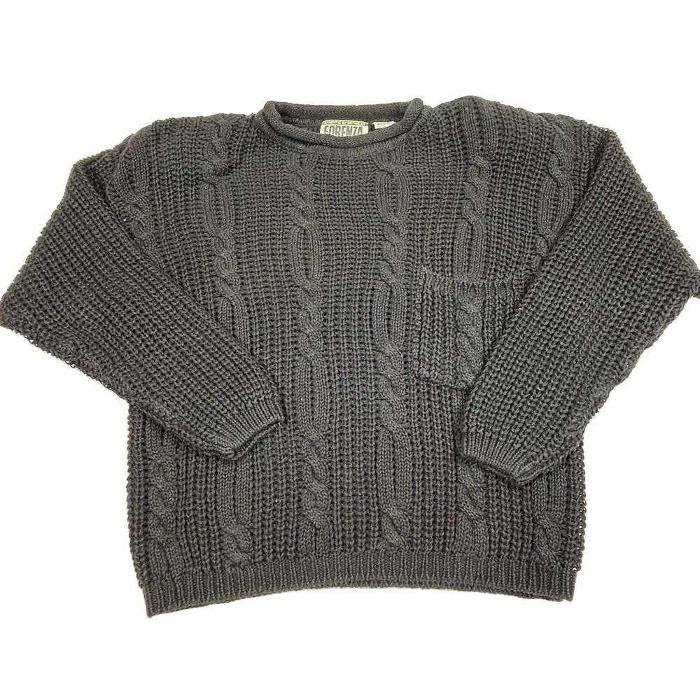 Vtg 90s Forenza Sweater Cable Knit Crewneck Womens Small Black Pocket Grunge